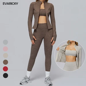 Evaricky Solid 3-Piece Yoga Set Activewear Gym Fitness Sports Wear Yoga Bra Leggings Outdoor Jacket Quick Dry High Elastic Waist
