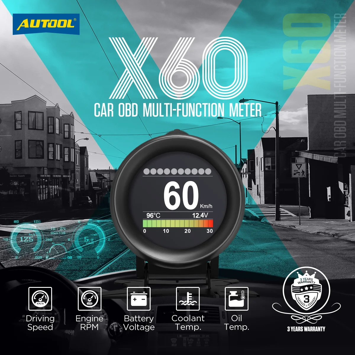 compteur numérique intelligent X60 HUD pour voiture, alarme multifonction,  jauge de température, tension, compteur de vitesse, Code'erreur clair