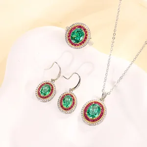 Fashion High Quality Jewelry Diamonds Ice Cut Zircon Emerald Brass Set Ring Earrings Pendant Necklace-for Gift