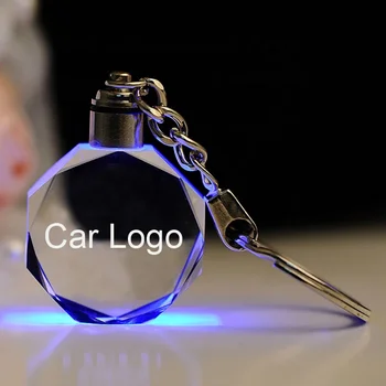 Wholesale Crystal Glass Led Light Keychains Custom 3D Laser Engraved Crystal Car Logo Keyring For Giveaways