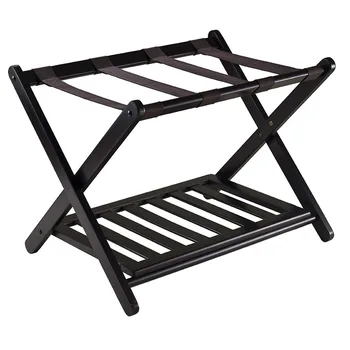 Durable Space-Saving Folding Wooden Luggage Rack Shoe Shelf Sturdy Black Straps Frame Bamboo Material for Hotel Home Storage