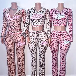 Manufacturer Short Sleeve Hooded Crop Top Shorts 2025 Loungewear Custom logo Activewear Leopard Print Two Piece Set with Zipper