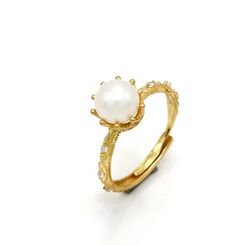 Danyang s925 sterling silver Fashion Carved Royal Style Crown Large Pearl Open Ring
