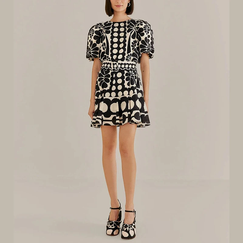 Women's Casual Summer Mini Dress with Round Neck & Patchwork Belt Hit Color Woven Ruffles Eco-Friendly Hit Color Print Dress