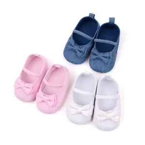 Fashion Trend Baby Solid Color Denim Cute Bow Elastic Princess Mary Jane Flats Toddler Shoes