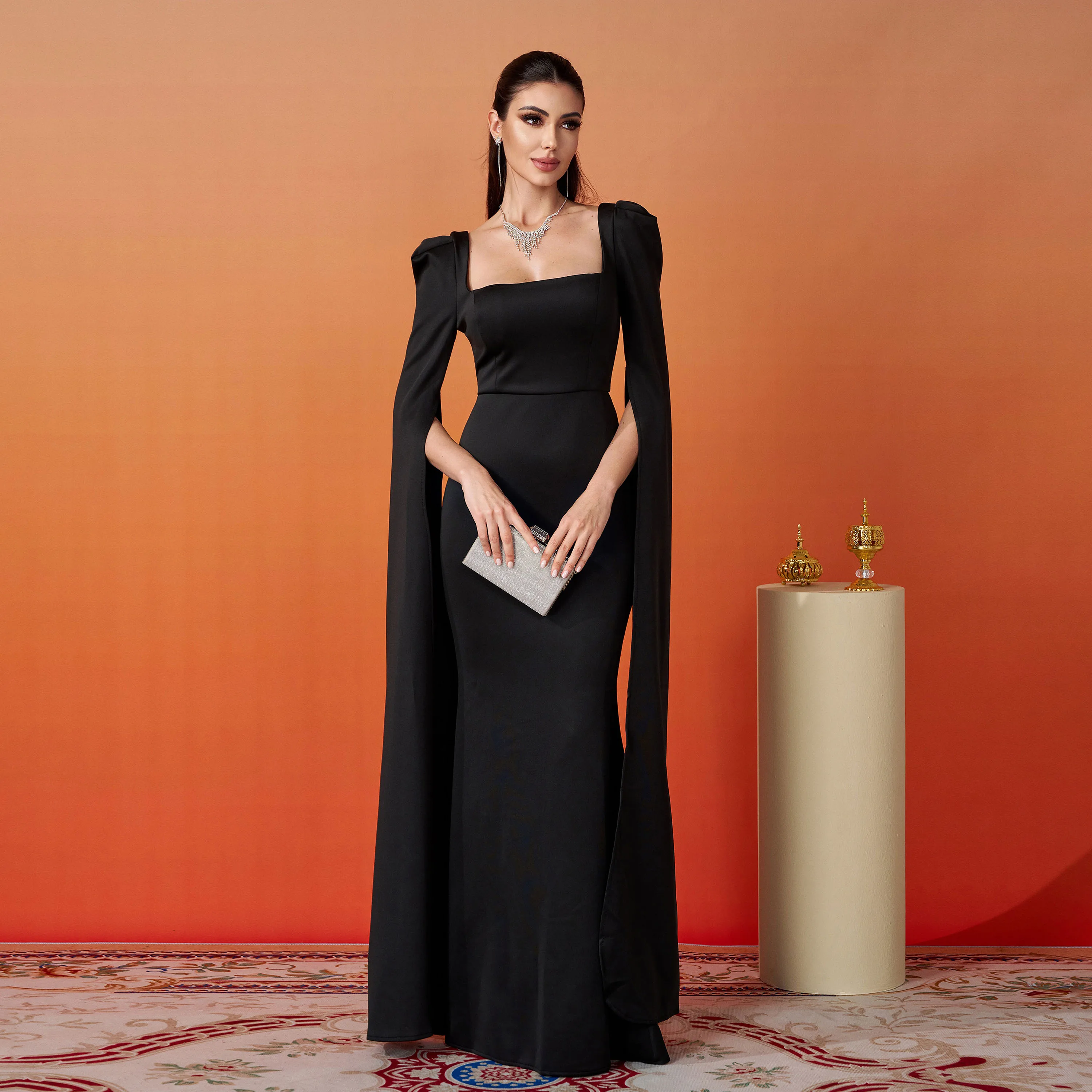 Floor-Length Cloak Sleeve Mermaid Black Crepe Long Elegant Modest Gown  Evening Dresses for Women
