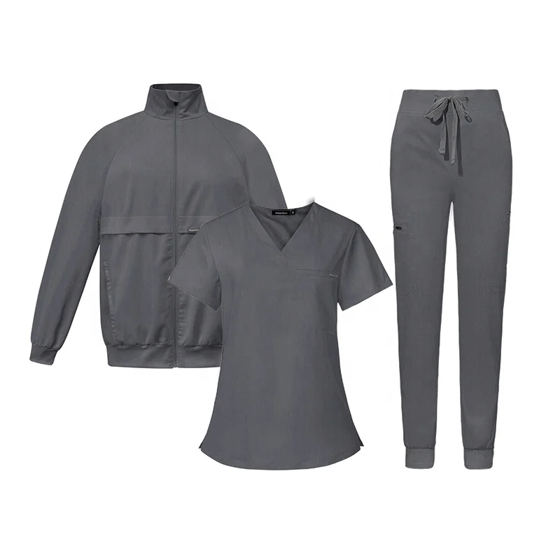 Full Zip up Customized Logo Warm-up Jackets and Nurse Uniform Sets Customized Stretchy Front Zip Nurse Scrub Jacket 3 PCS Sets