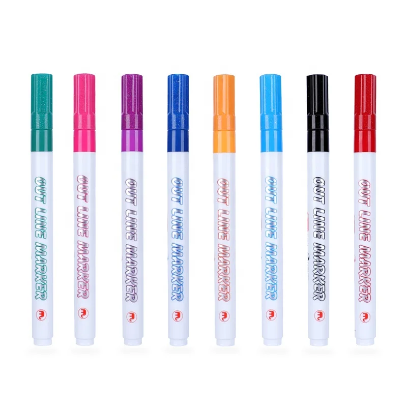 Customized 8 Colors Out Line Marker Drawing Writing Double Line Metallic Marker Pen Writing Painting Outline Marker