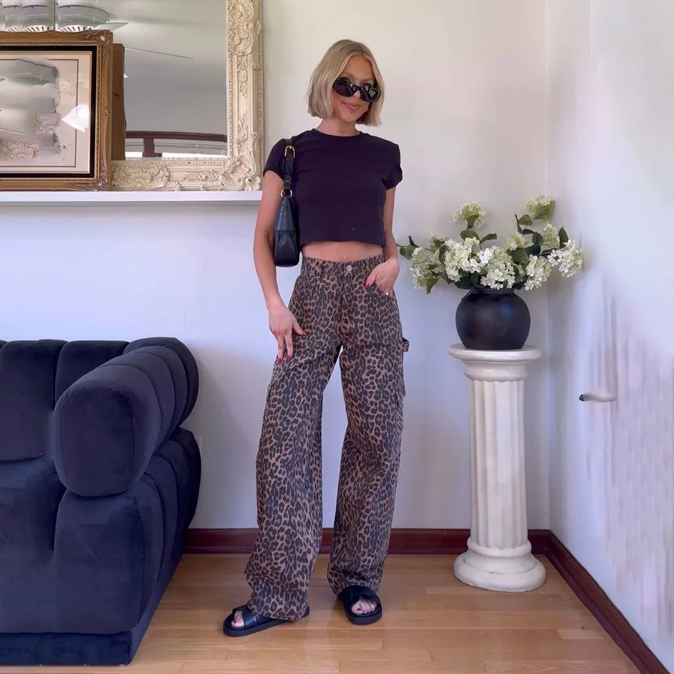 Women's Baggy Barrel Jeans Casual Boyfriend Mid Rise Leopard Printed Wide Leg Denim Ankle Pants