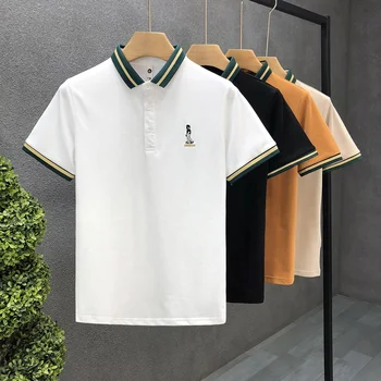 Designer color striped white polo shirt men's short-sleeved trendy brand personalized half-sleeved summer high-end lapel T-shirt