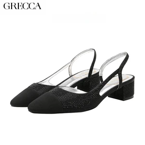 GRECCA Women's Slingback Pumps, Rhinestone - Embellished, Round Toe, Block Heel, Elegant Black for Party & Office, Comfortable
