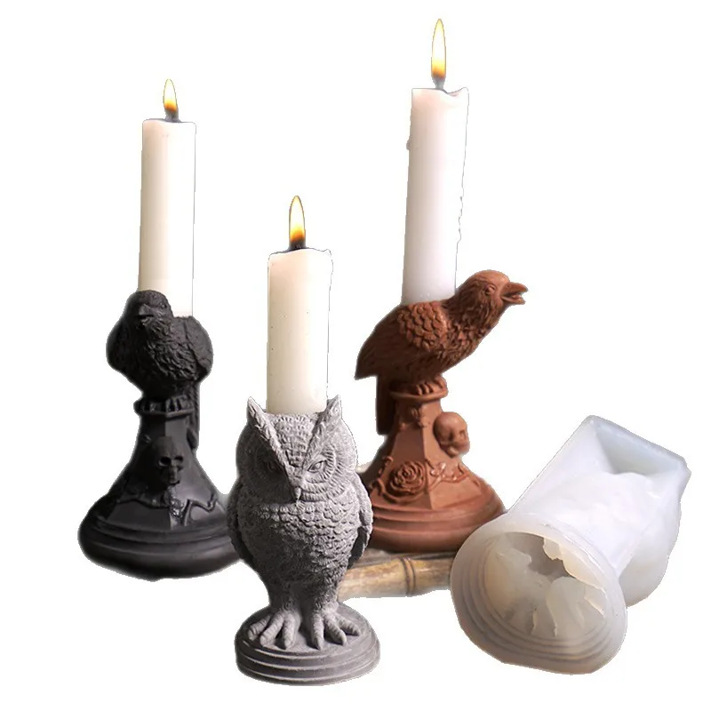 Halloween Gothic Owl Candlestick Mold Retro Crow Desktop Decoration Gypsum Silicone Mold Cake Tools for Halloween Decorations