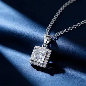 Fine Jewelry S925 Sterling Silver Plated White Gold Princess Square Shaped 1Carat 6mm D Moissanite Pendants Necklace for Girls