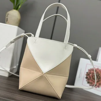 New Custom LOGO mini color matching stitching  tote bucket bag cowhide tote folding bag  handbag leather handbags ladies