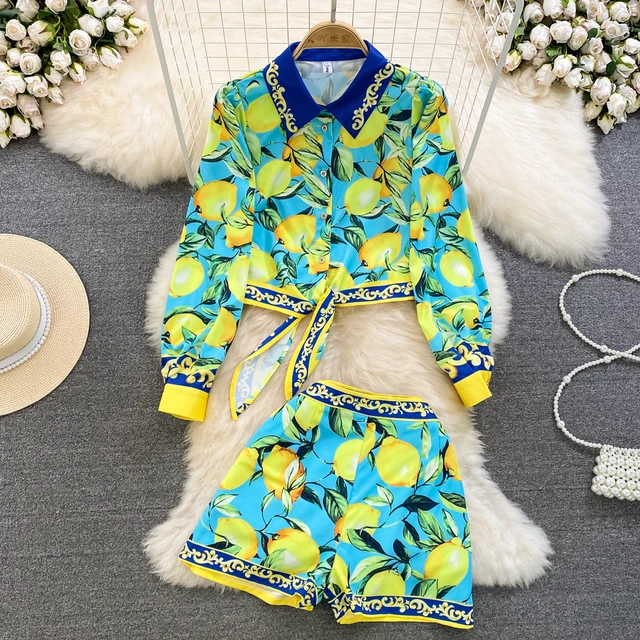 Fashion Suit Women Light Ripe Wind Retro Temperament Long-Sleeved Loose Printed Lace-Up Shirt Two-Piece Set High Waist Shorts