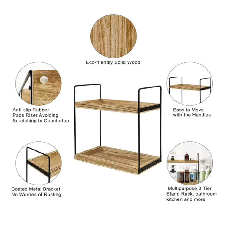 2 Tier Floor Counter Standing Rack Wooden Cosmetics Storage Rack For ...