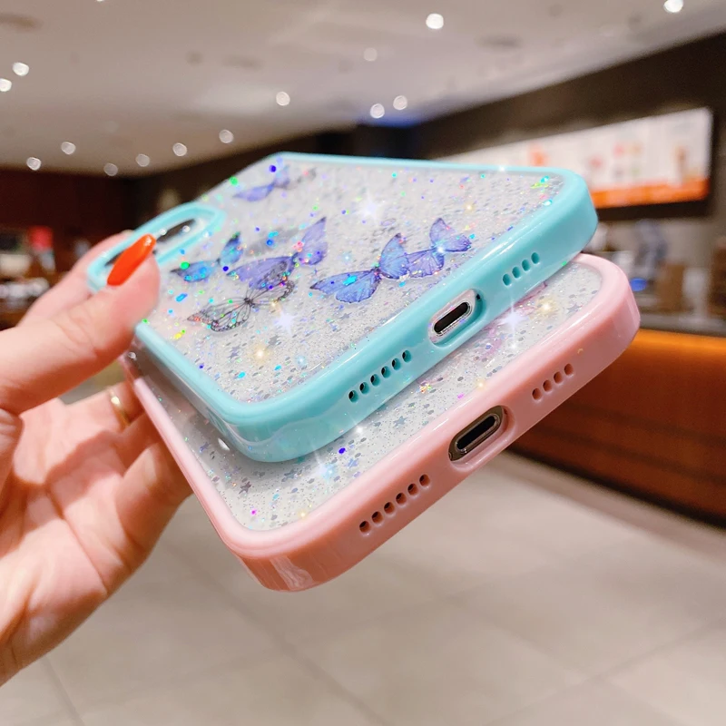 Bling Phone Case for iPhone 16 15 14 13 12 11 Pro Max Mini Girls Cute New Laser Epoxy Star Glitter Butterfly Phone Cases