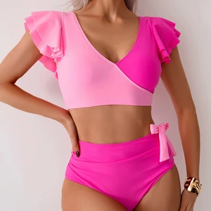 High Waist Bikini Set for Women Two Piece Swimwear with Ruffled Sleeves and Tie Front Design Ideal for Beach and Pool Use