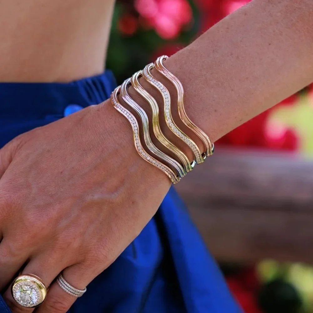 High Polished CZ Wave Bangle Bracelet - Fashion Jewelry