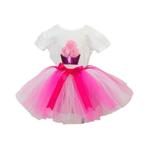 Wholesale Hot Sales Summer Tshirt Girls Skirt Set With Bow Mesh Puffy Tutu Skirts for Girls