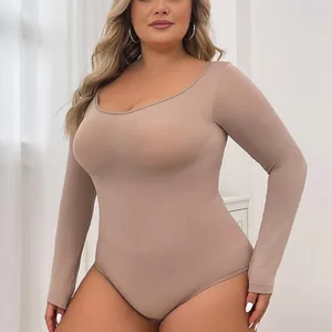 Women's Plus Size Slimming Jumpsuit Long Hip Sleeves Seamless Body Shaping Knitted Clothing Triangle-Breasted Tops Firm Control