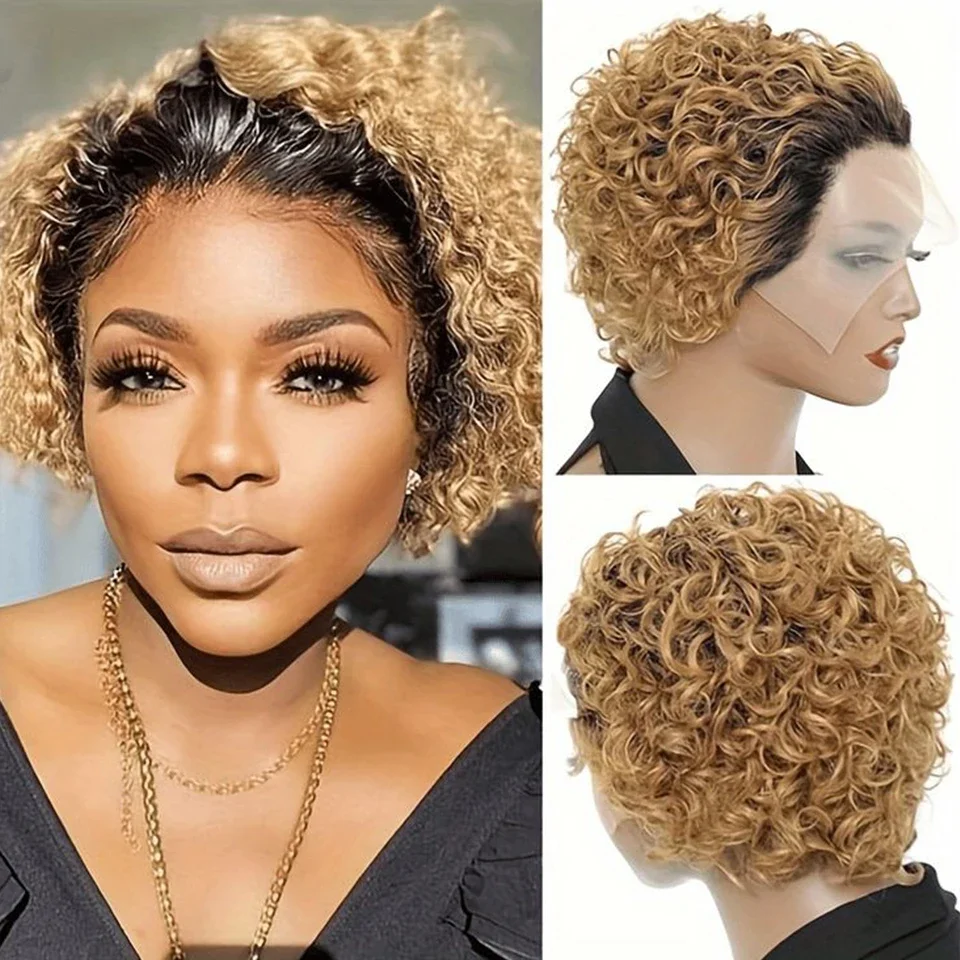 Korte Pixie Cut Pruik Menselijk Haar Pruiken Water Wave Ombre Bruin 13x1 Transparante Kant Voorkant Pruik Braziliaanse Maagdelijke Krullende Pruiken Voor Vrouwen_voghion.com