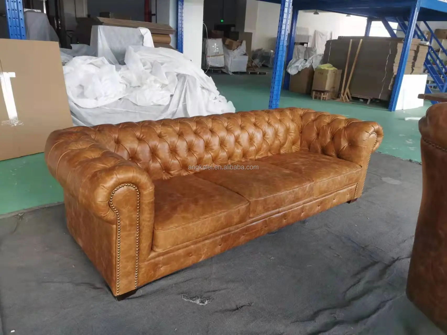 Customized Full Top Grain Leather Chesterfield Sofa Couch Living Room