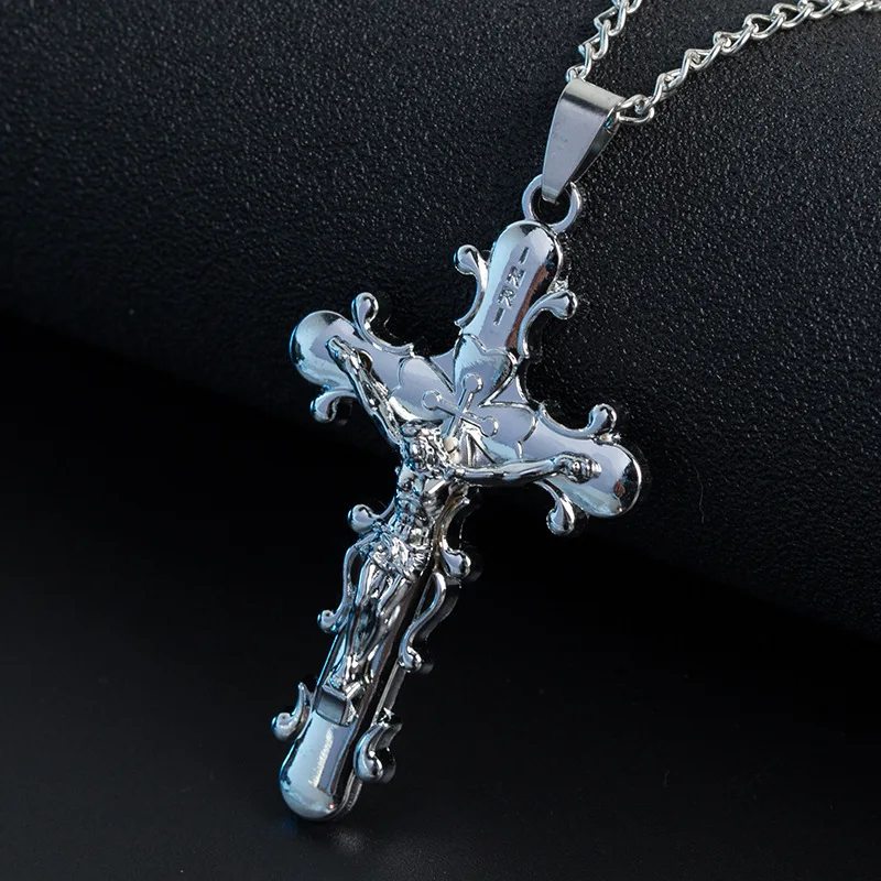 KnSam Mens Necklace Silver Jesus Cross Necklaces Color Silver