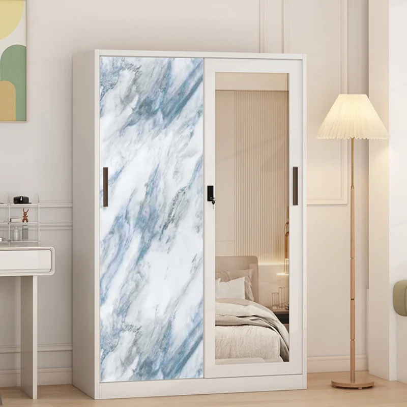 2 Door Mirror Customized Steel Printed Wardrobe with Mirror and Hanging Rail for Bedroom