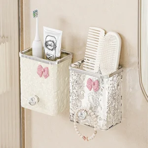 Modern Plastic Comb Rack Double Tiers Wall-Mounted Punch-Free Storage Tube for Toothpaste Toothbrush Razor Bathroom Sink Toilet