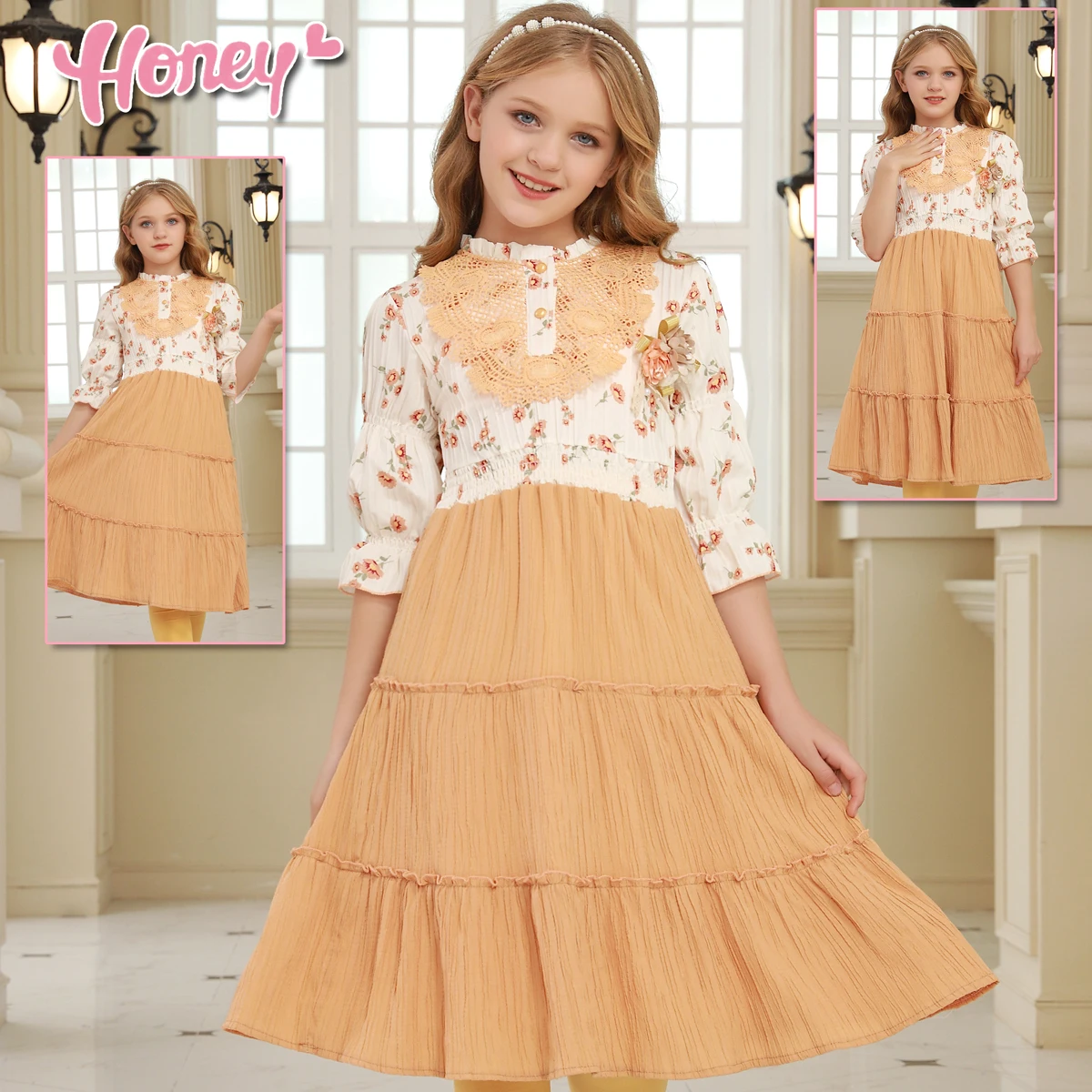 Plain Print Girl Korean Version Dress Embroider A Wrinkled Waist Girls