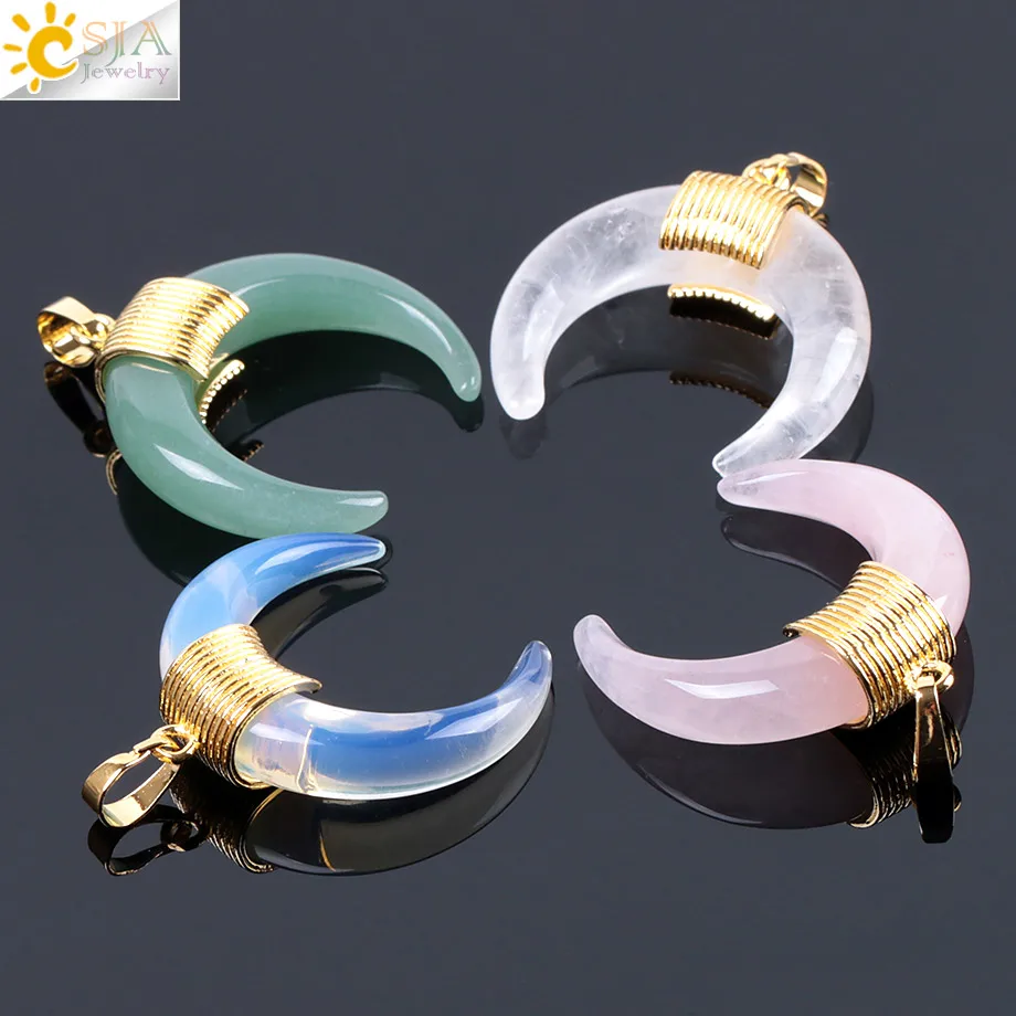 CSJA Natural Stone Horn Crescent Moon Pendant Jewelry Reiki Healing Crystal Charm for Jewelry Making F064
