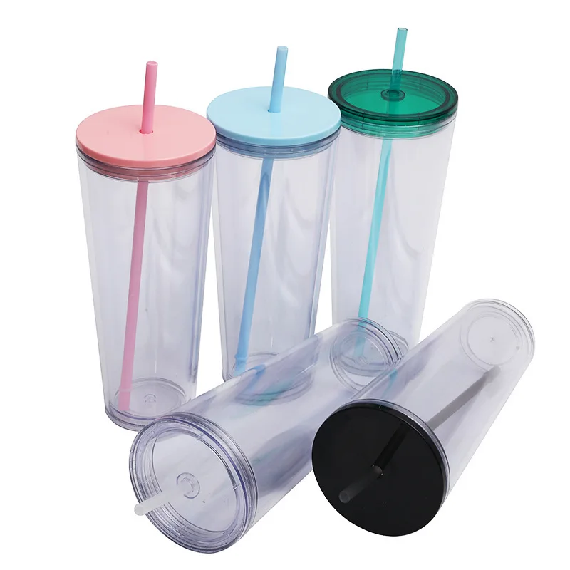 16OZ/473ml Double Wall Clear Plastic Tumbler with Straw & Lid