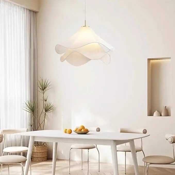 French Style Nordic Cream Chandelier Living Room Bedroom Lamp Middle Size Led Dimmable Fabric Warm Lighting