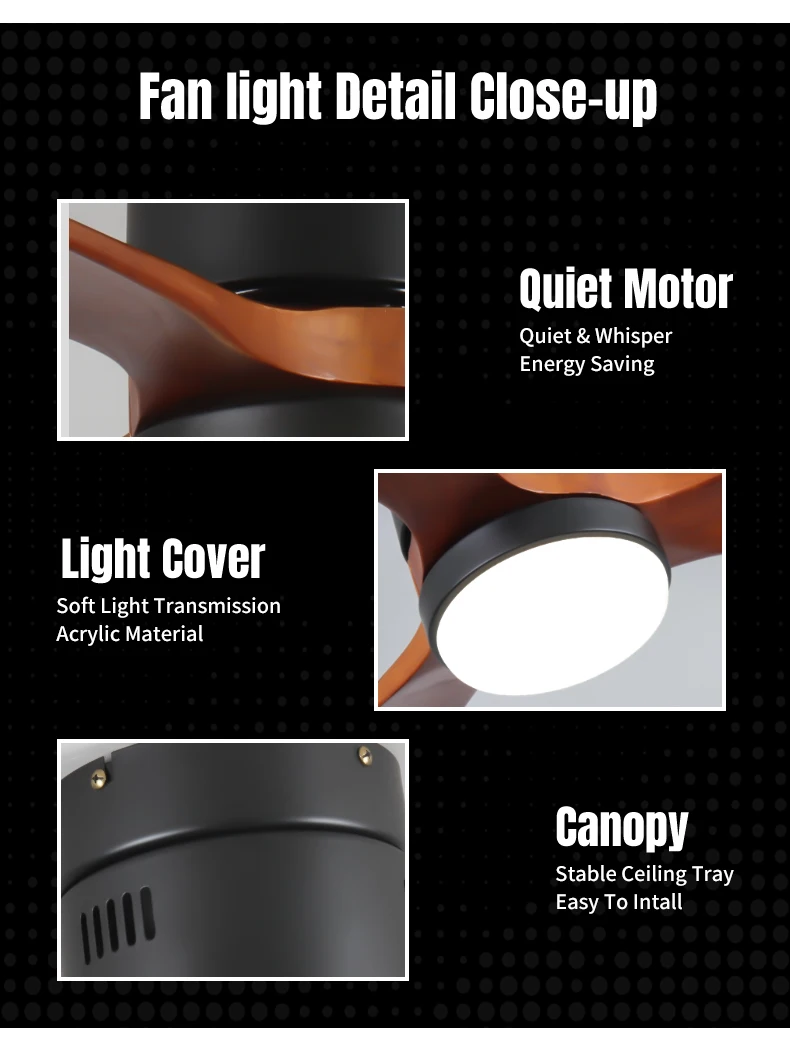 42 52inch Iron Black Unique Solid Wood Air Purifier Ceiling Fan for Living Room with Light