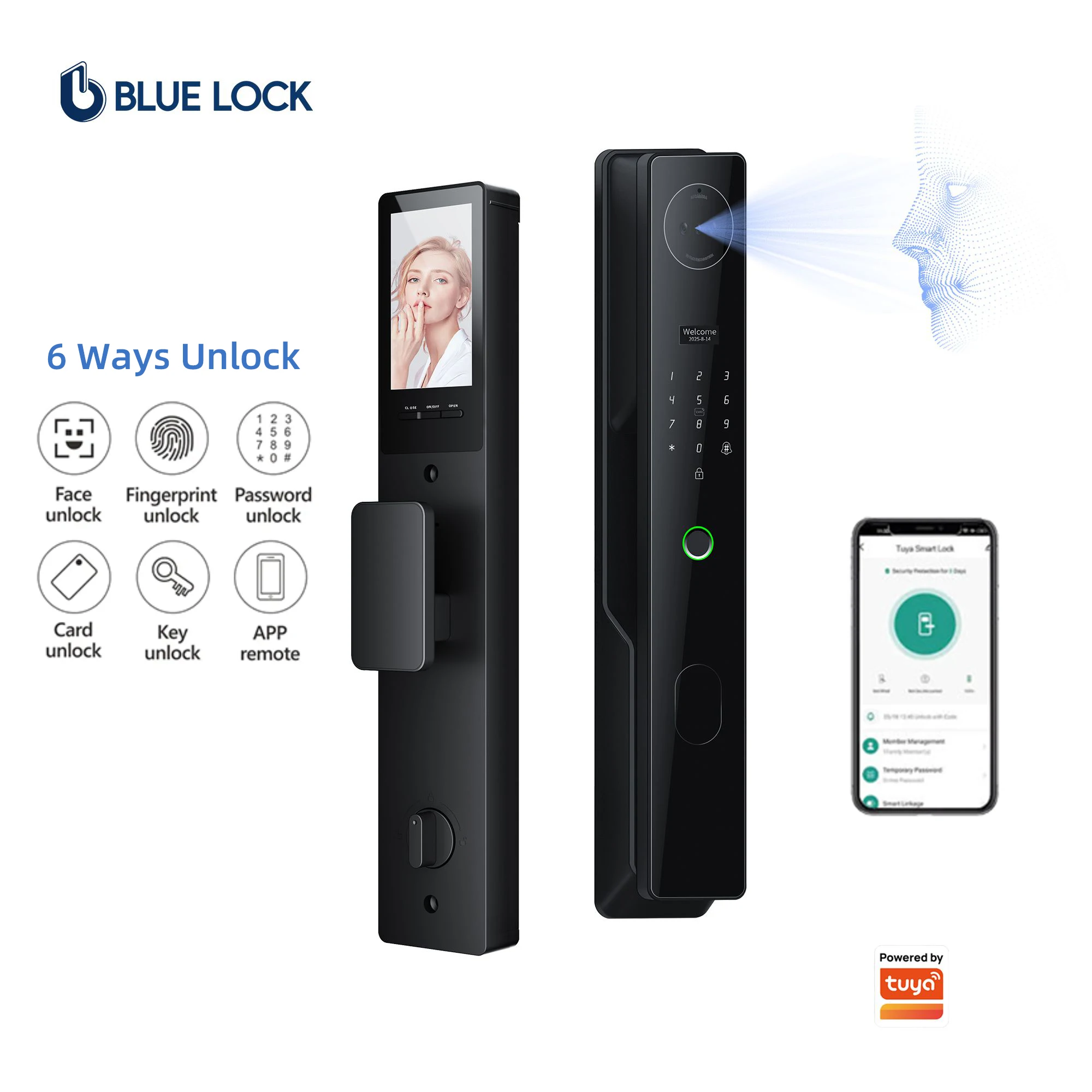 Bluelock Grade C Video Intercom 3D Face Recognition Tuya Wifi Security Smart Door Lock Fingerprint Password Unlock Keyless Entry