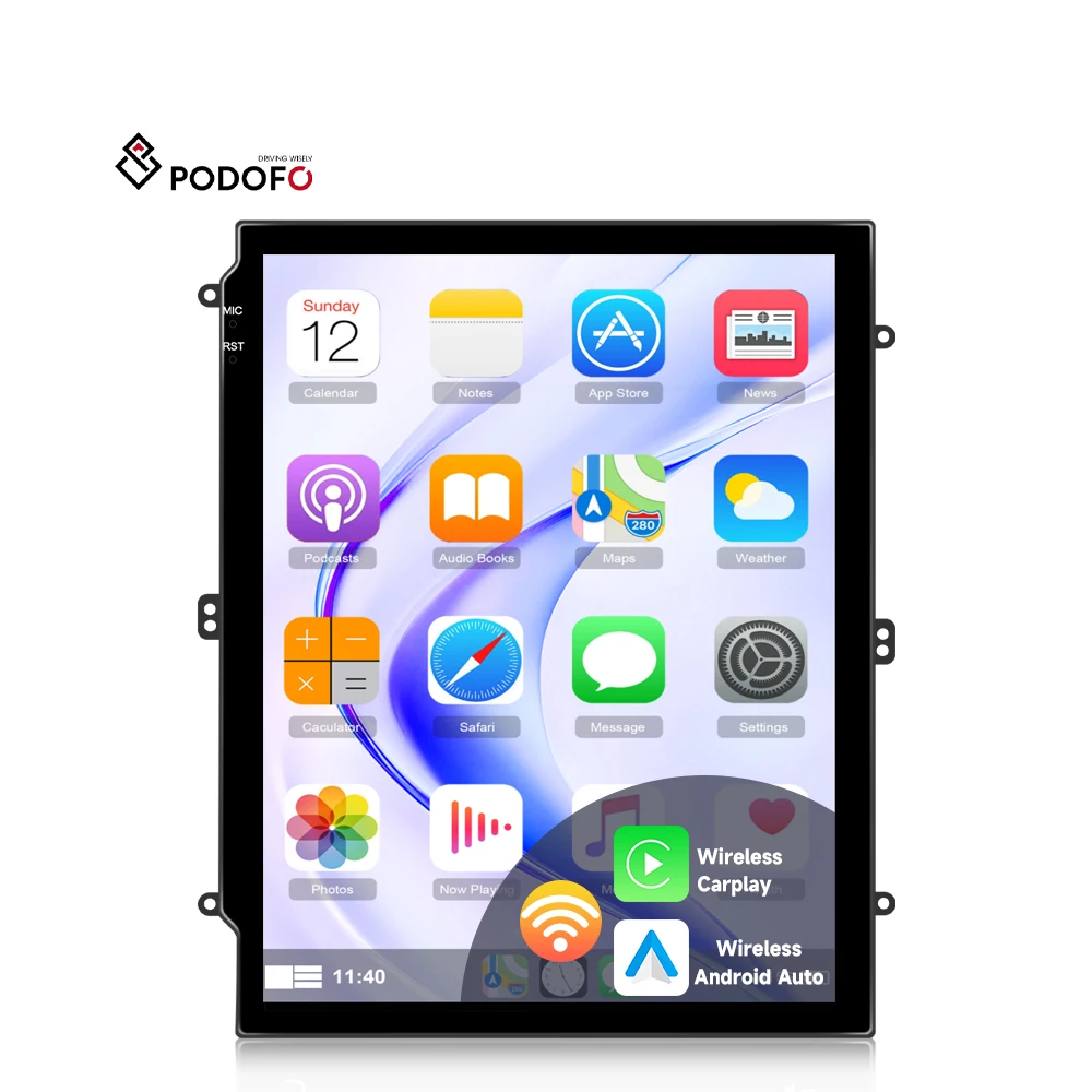 Podofo 9.7 Inch Car Stereo 6+128GB Android Car Radio Wireless CarPlay Android Auto BT/WiFi/GPS/FM/RDS/Double USB Vertical Screen A4117