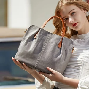 A-110 Women's High-Level Large-Capacity Work Tote Handbag Genuine Cowhide Leather Polyester Zipper Simple Design Contrasting