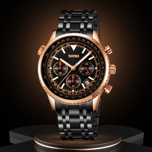 Men's Gold Quartz SKMEI 9333 Chronograph Stainless Steel Sport Watch 3BAR Water Resistant Auto Date Luxury Cartoon Limited