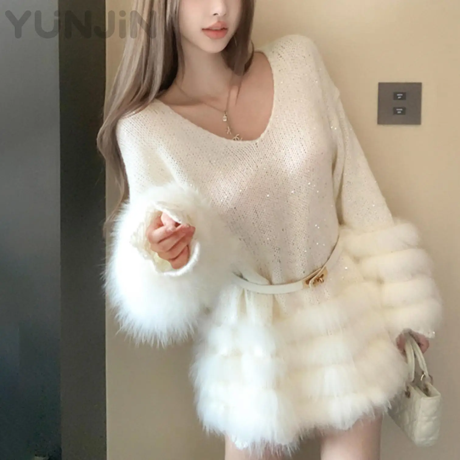 Fashion Design Women Real Fox Fur Trim Knit