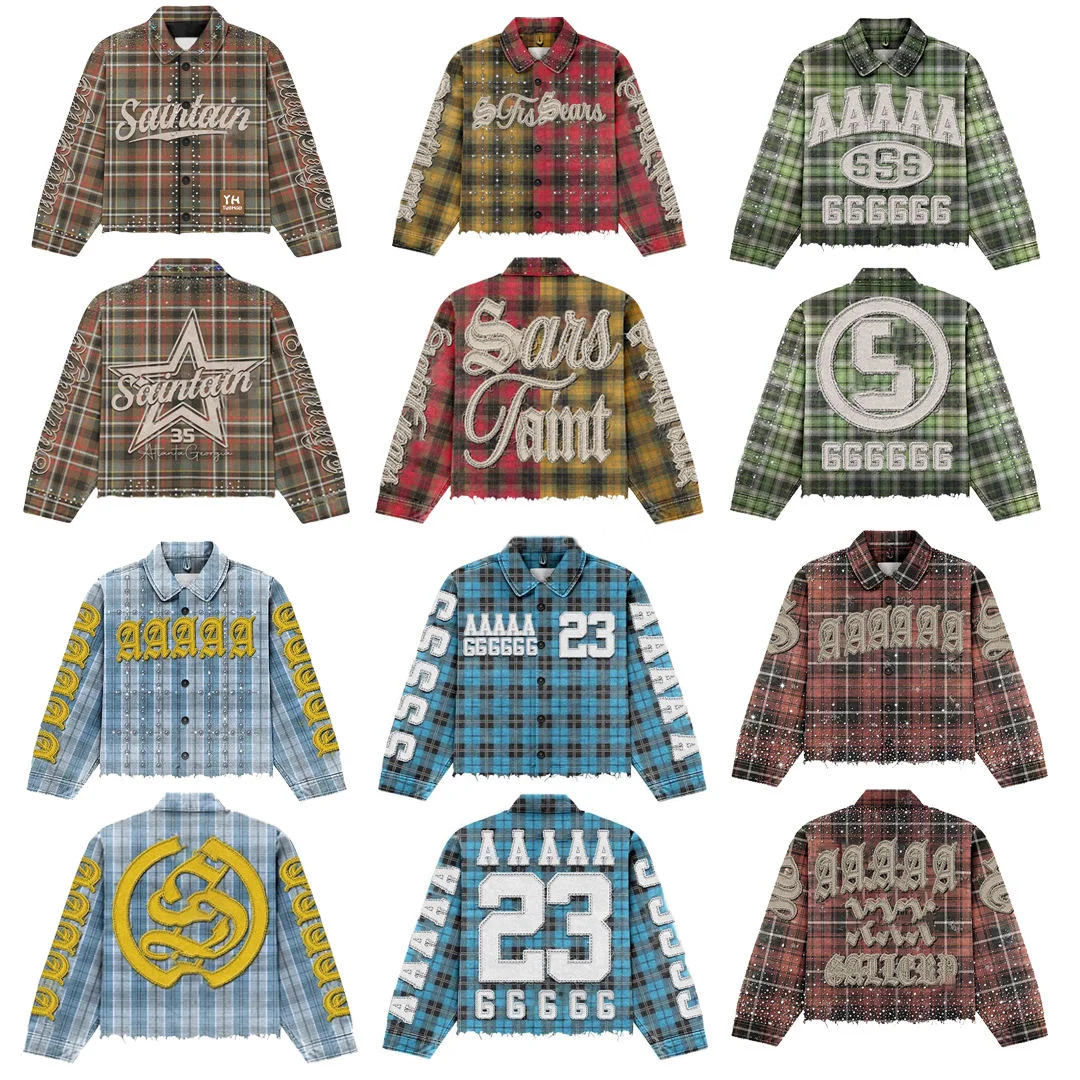 SALATI Custom Regular Fit Cropped Button up T-Shirt Long Sleeve Diamond Rhinestone Embroidery Distressed Check Cartoon Flannel