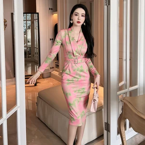 ZYHT 20186 Spring New Elegant Women Clothes V Neck Floral Print Long Sleeve Belted Midi Work Ladies Office Career Dresses