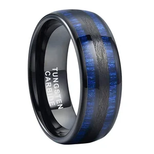 Coolstyle Jewelry 8mm Domed Brushed Black Tungsten Ring for Men Women Double Blue Wood Inlay Fashion Engagement Wedding Band