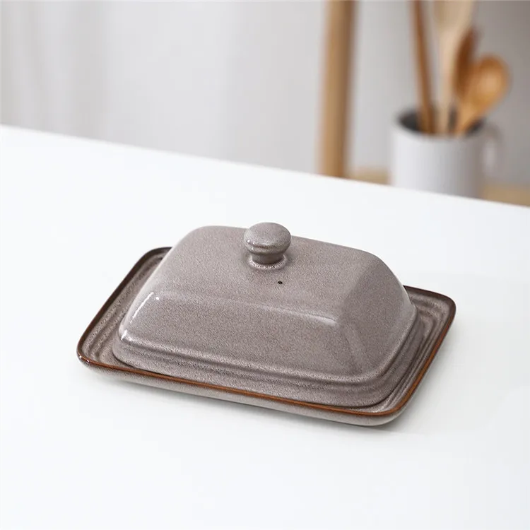 最新到货定制哑光便宜餐厅水果食品盘棕色长方形陶瓷黄油盘带盖