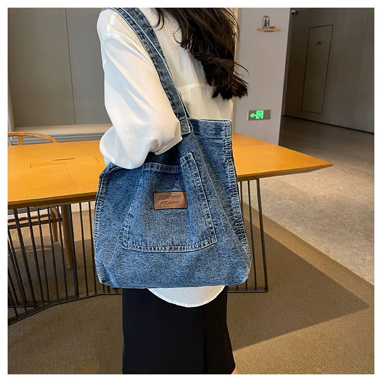 Custom Logo Eco Recycle Reusable Grocery Designer Women Shoulder Jean Cloth Tote Bags Denim Tote Bag