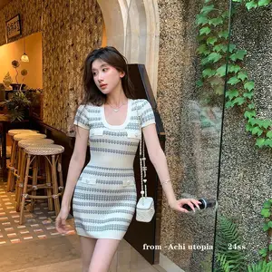 Spring and Summer Women's Summer V-neck Short-sleeved Vertical Stripe Circular Pattern Waist Swing A-Line Knitted Dress
