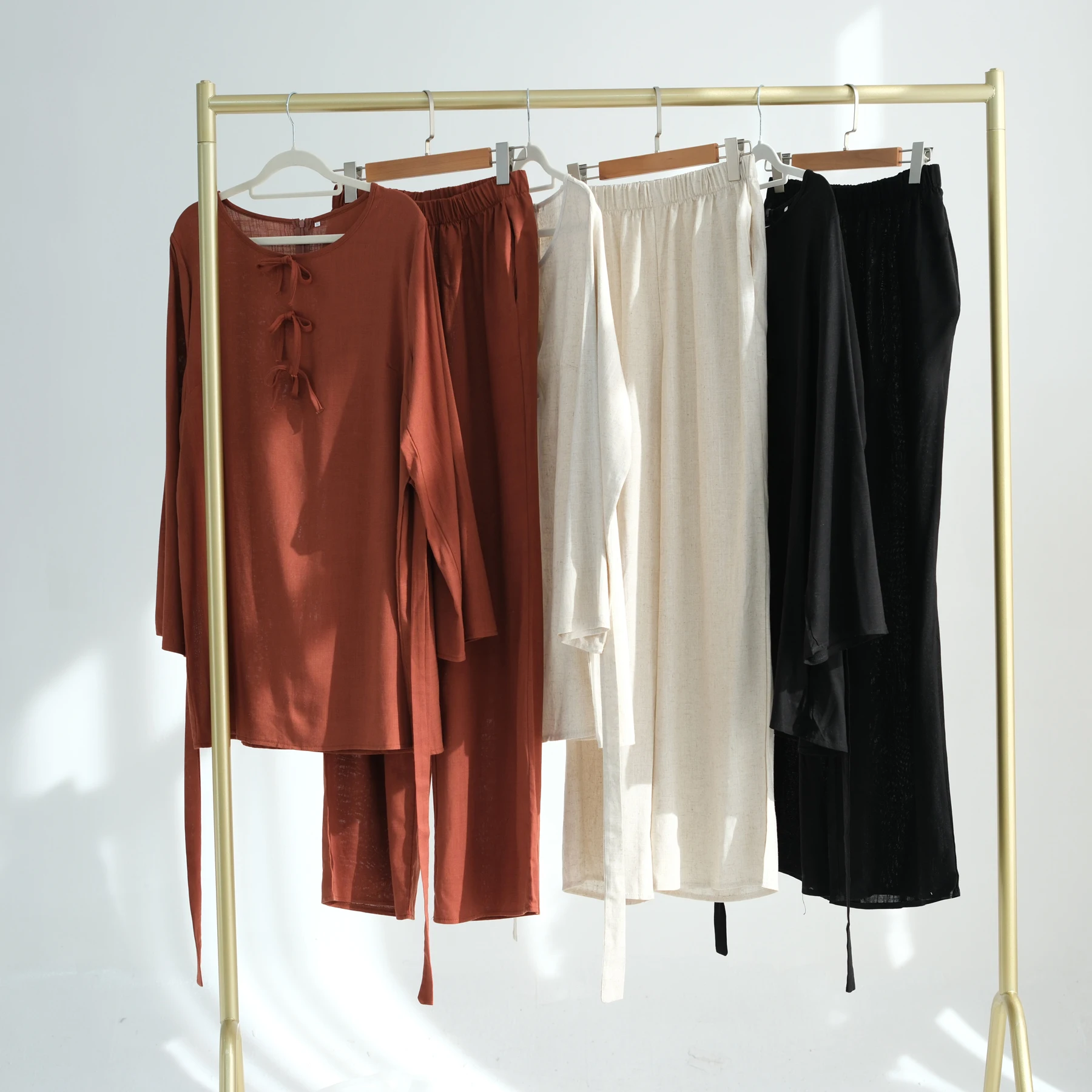 2025 New Collection Abaya Muslim Modest Clothing Linen Polyester Tie Abaya  Pants Suit Islamic Clothing Women Top and Pants Set