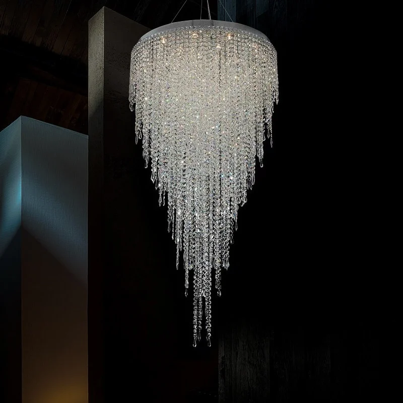 Đèn chùm LED hai tầng bằng thép không gỉ và pha lê Ai Cập nhập khẩu, đường kính 60 cm, dành cho phòng khách, sảnh lớn, biệt thự sang trọng và không gian có trần cao hai tầng, thiết kế rỗng ruột