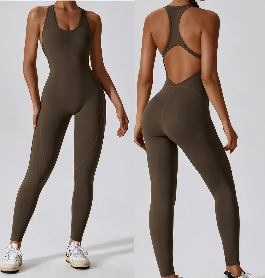 Aoyema Workout Tummy Control One Piece Set Sleeveless and Backless Yoga Leggings Sportswear Jumpsuit