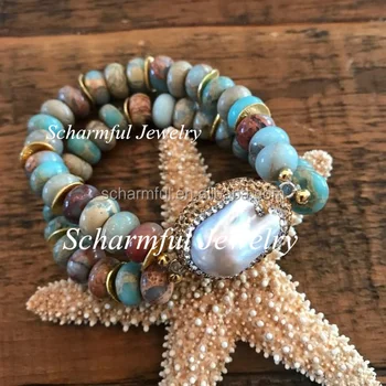 BS2018131 Bohemia African Opal Stone Stretch Bracelet With Gold Accent Beads Healing Pave Pearl Connector Stacking Bracelet
